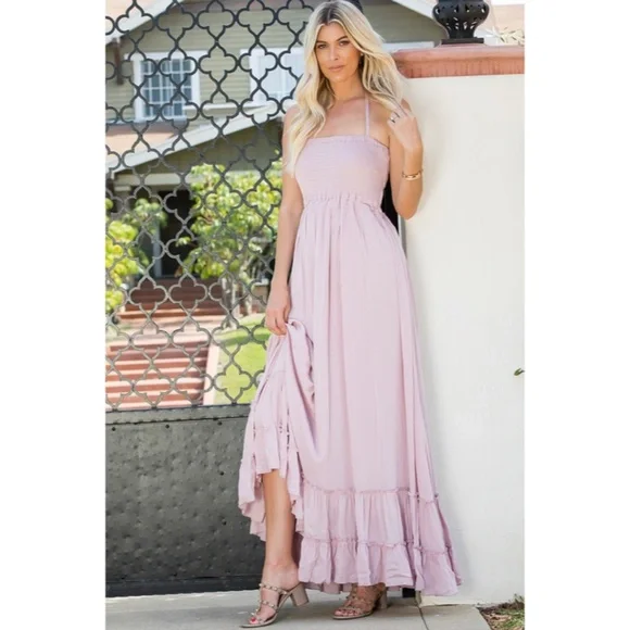 SOLD OUT Bohemian Mauve Smocked Halter Open Back Tiered Ruffle Skirt Maxi Dress - Picture 2 of 6